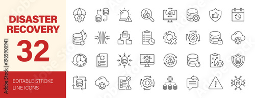 Disaster recovery icon set. Editable line icons. Vector illustration.