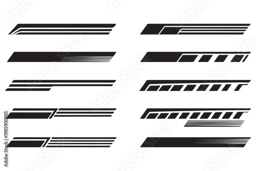 Racing stripes for car tuning pack. Stickers for covering car bodies. Isolated vector illustration on white background.