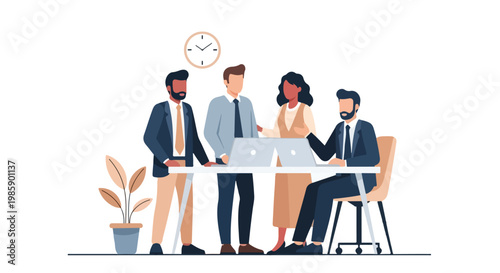 A diverse group of business professionals are working together around a table with laptops in a clean, modern office setting.