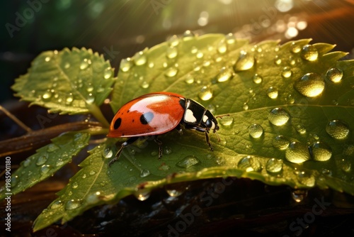 Ladybug standing on green leaf covered with water drops reflecting sunlight and nature
