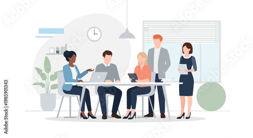 A group of diverse business professionals are collaborating and having a meeting in a modern office environment with laptops and tablets.