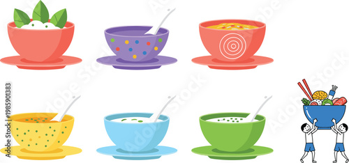 Colorful Cartoon Bowl Set with Various Food Soups and Cute Kids Holding Giant Bowl with Chopsticks Flat Vector Illustration
