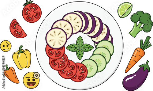 Colorful Cartoon Vegetable Salad Plate with Tomato Cucumber Eggplant Broccoli Carrot Pepper and Funny Emoji Flat Vector Illustration