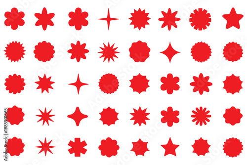 Set of red starburst. Price sticker, sale sticker, price tag, starburst, quality mark, retro stars, sale. Circle sticker set. Wavy edge promo red badges. Star burst shape tags for price. Red sale tag