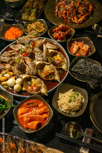 Assorted Korean Dishes on Traditional Dining Table