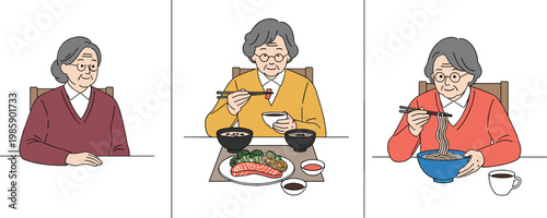 Cute Cartoon Asian Elderly Woman Sitting at Table Eating Traditional Food with Chopsticks Noodles and Korean Meal Vector Illustration