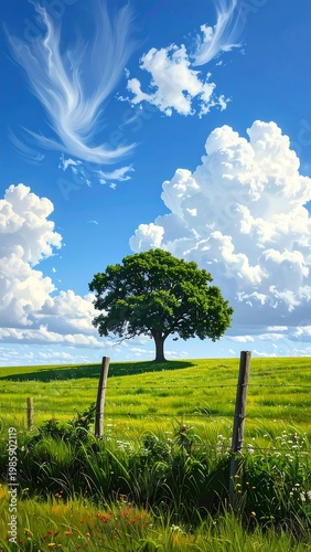 A serene landscape with a solitary tree on a grassy hill