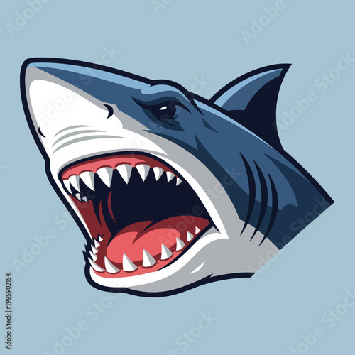 Powerful and dynamic illustration of a shark's head, jaws wide open revealing sharp teeth, symbolizing fierce predatory instinct and marine strength