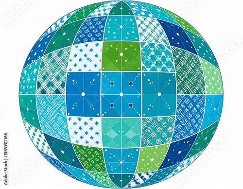 Blue and Green Sphere Composed of Patterned Squares on White Backdrop