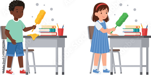 Cute Cartoon School Kids Cleaning Classroom Desk with Duster Boy and Girl Students Doing Chores Flat Vector Illustration