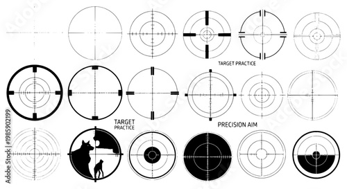 Targets vector set with black and white aiming sights, crosshairs, and bullseyes for precision shooting, hunting and practice