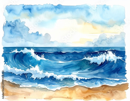 Watercolor Painting of Ocean Waves and Sandy Beach Under Cloudy Sky