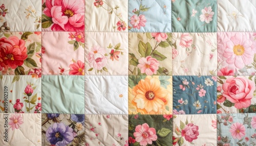 Floral Quilted Fabric with Patchwork Pattern in Pastel Shades Background