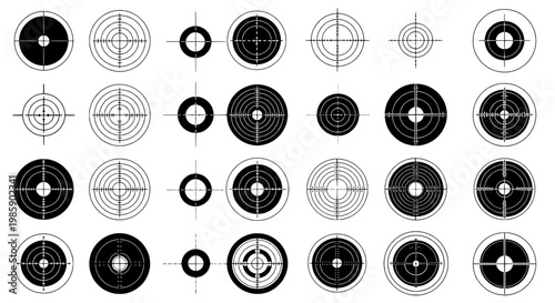 Targets vector set with black and white circular designs and crosshairs for shooting and aiming practices