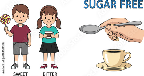 Cute Cartoon Kids Holding Sweet Lollipop and Bitter Food with Sugar Free Coffee Cup and Spoon Concept Vector Illustration