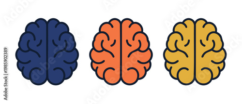 Human Brain Icon Set, Three Colorful Brain Logos for Neuroscience, Mental Health, Education, Psychology and Creativity Concepts, Vector Flat Illustration Isolated on White Background.
