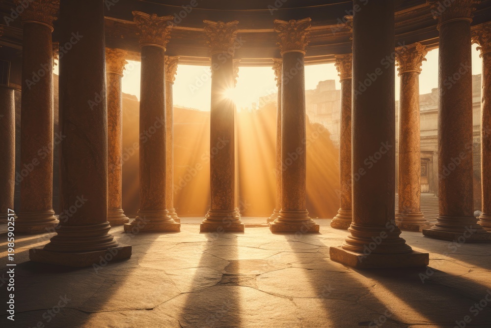 Fototapeta premium Sunlight beams through a classical colonnade, casting long shadows on the stone floor