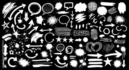 Arrows hand drawn set with black background and white grunge effects, including stars, speech bubbles, and abstract shapes.