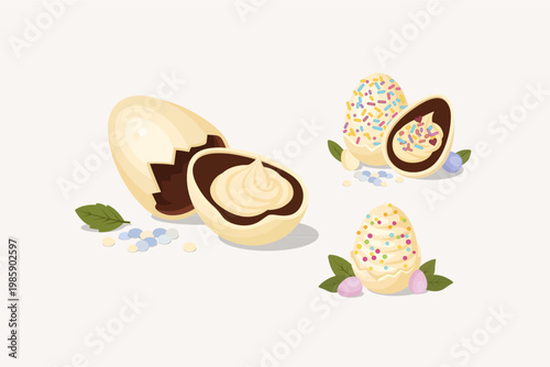 Set of Easter Chocolate Eggs with Creamy Filling and Colorful Sprinkles Illustration