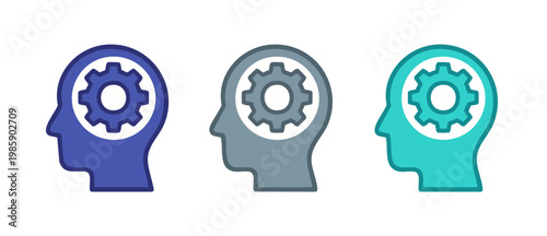 Human Head Gear Icon Set for Cognitive Processing and Mental Health Analysis. Flat design graphic illustrating critical thinking, technical innovation, creative brainstorming, and mental workflow conc