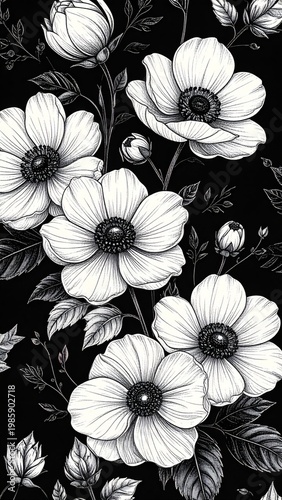 Floral Pattern with White Flowers and Dark Background in Elegant Design