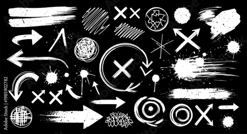 Arrows hand drawn set with black background and white brush strokes, X marks, and grunge effects featuring vector graphics, illustration, design
