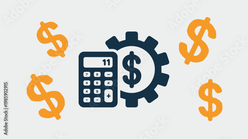 Financial Engineering and Profit Optimization Concept with Calculator, Gear, and Dollar Signs Flat vector illustration showing a calculator and mechanical gear integrated with dollar symbols