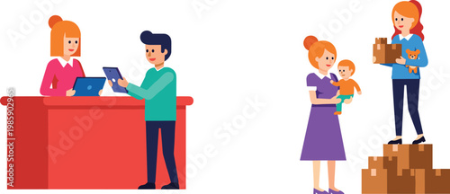 Flat Vector Customer Service Scene with Receptionist and Man at Counter and Woman Delivering Boxes to Mother with Baby Illustration
