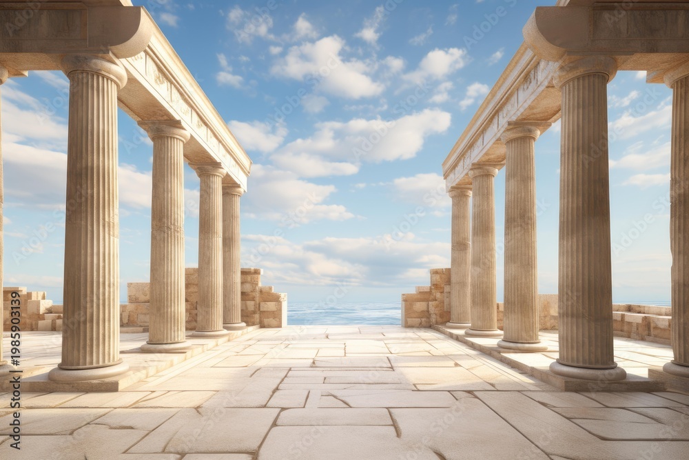 Fototapeta premium Ancient stone columns and ruins standing by the sea under a blue sky with clouds
