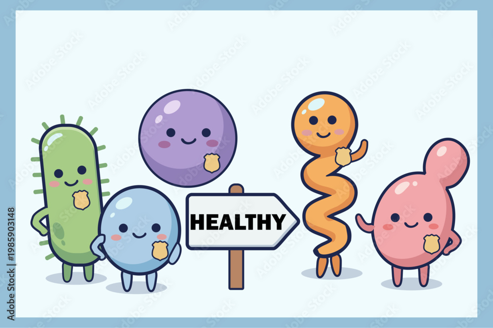 Fototapeta premium Cute cartoon probiotics set featuring friendly bacteria characters