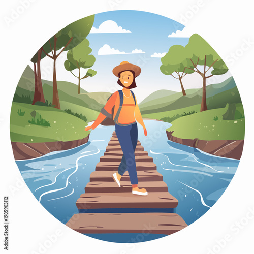 Eine Person setzt vorsichtig einen Schritt auf große Trittsteine