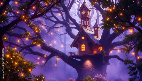Treehouse in enchanted glowing forest, fairytale vibes, sparkling lights among branches, soft purple mist, magical dreamlike atmosphere, photoreal fantasy render 2
