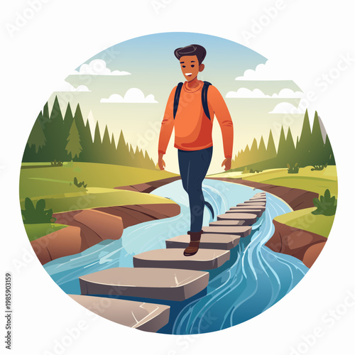 Eine Person setzt vorsichtig einen Schritt auf große Trittsteine