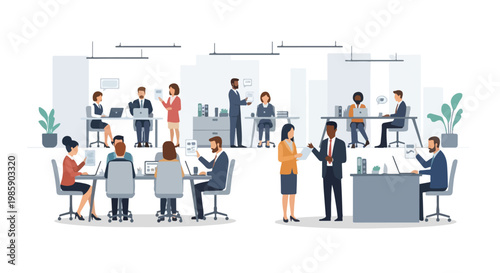 The image shows a busy, modern open-plan office with diverse professionals working at desks and collaborating in various group settings.