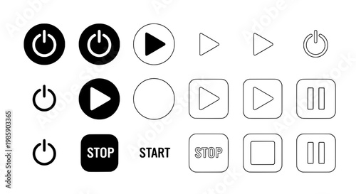 Buttons control set with play pause stop and power icons in black and white featuring button, start, media with player and interface elements for ui,