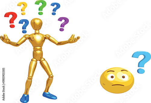Golden 3D Human Figure Surrounded by Colorful Question Marks with Confused Emoji Face Showing Doubt and Uncertainty Concept