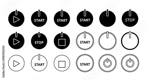 Button icons set with play, start, and stop symbols in black and white featuring icon, symbol, circle with round and flat elements for design,