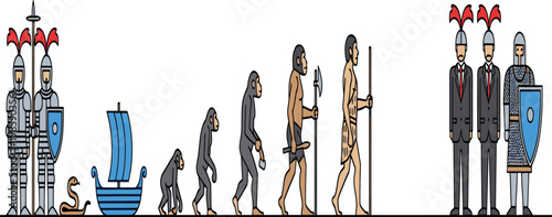 Human evolution timeline concept showing transformation from primitive ancestors to modern professionals and armored soldiers in flat vector illustration style