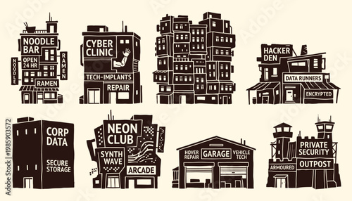 Futuristic Dystopian City Building Silhouettes for Sci-Fi Gaming Assets