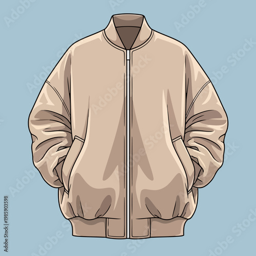 Stylish oversized beige bomber jacket illustration with a zipper and spacious front pockets, a modern and casual outerwear design perfect for fashion apparel and contemporary wardrobe concepts