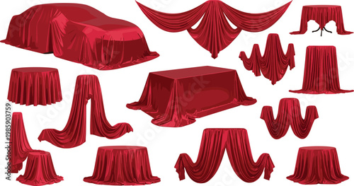 Red draped fabric collection set covering furniture objects with elegant cloth folds and luxury textile design isolated on white background