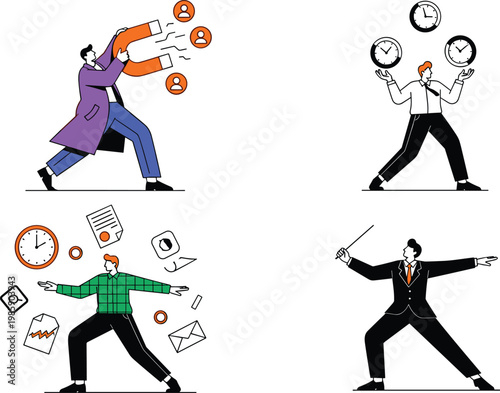 Modern Line Art Business Character Set Showing Leader Attracting Clients Managing Time Multitasking and Directing Team Vector Illustration
