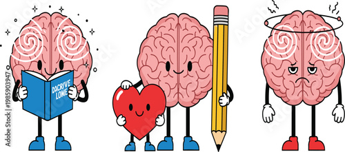 Retro Cartoon Brain Character Set Reading Book Holding Heart and Pencil and Feeling Dizzy Stressed Mind Vector Illustration