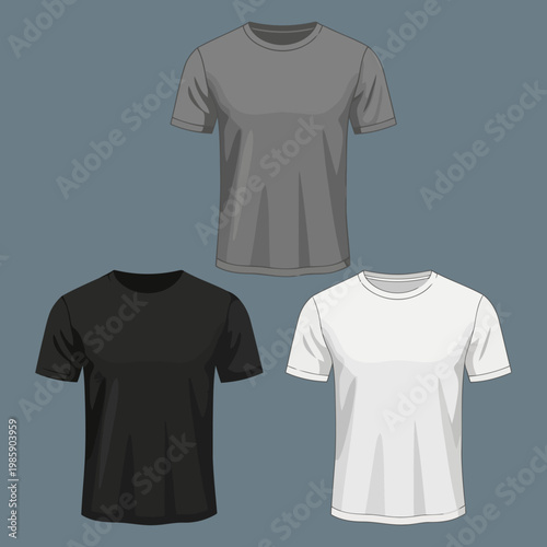 Versatile vector illustration showcasing a collection of three blank short-sleeved t-shirts in essential gray, black, and white colors, ideal for apparel design mockups and brand identity projects