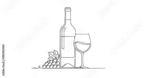 Bottle wine with glass and grapes in a simple line drawing style for culinary or beverage design featuring vine, drink, alcohol with illustration and
