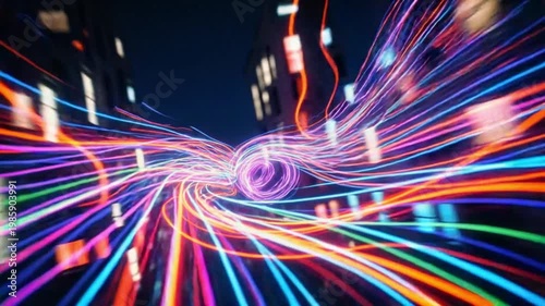 Dynamic neon light streaks with motion blur and vibrant colors in 4K resolution