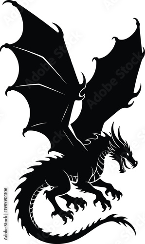 Dragon silhouette flying wings spread, mythical creature illustration, fantasy beast vector art, powerful motion design, folklore legend symbol, black artwork concept