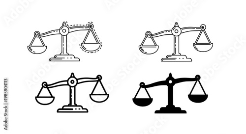 Scales set with balance weight icons in black and line art styles featuring vector, illustration, graphics with symbol and sign elements for justice,
