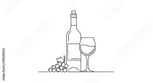 Wine bottle and glass icon outline with grapes, minimal flat line art for label design and restaurant branding