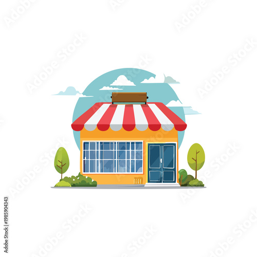 Illustrated store front logo with striped awning